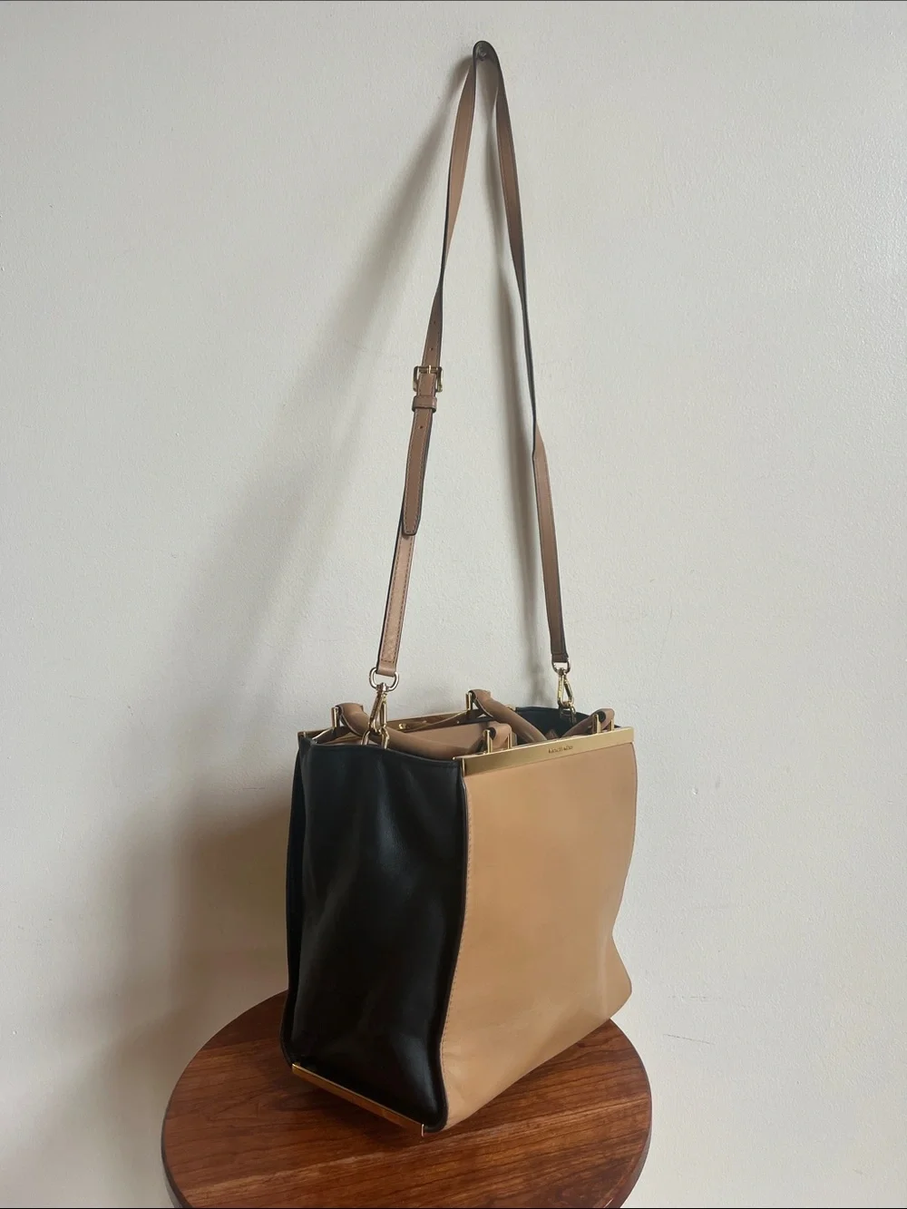 Michael Kors Two-Tone Tan & Black Leather Satchel with Gold Hardware